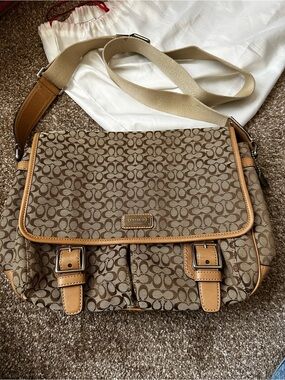 Coach Brown Signature Canvas Crossbody Messenger Bag with Tan Trim